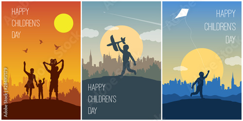 Set of cards for Happy Children’s Day. Daughter on a shoulders of his father. Mother and son holding hands. Boy let a kite. Children play outdoors. Background with landscape and copy space.