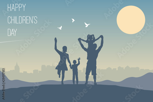 Background for Happy Children’s Day or poster for family travel. Daughter on a shoulders of his father. Mother and son holding hands. Three white doves over people and a plane flying far away.