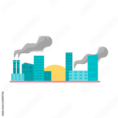 Factory air pollution in city. Flat style raster illustration.