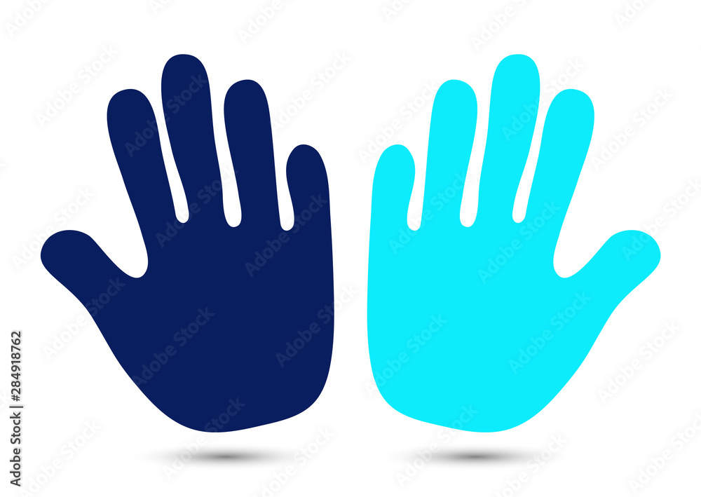 Hand icon. Helping hands silhouette on a white background. Warning gesture with an open palm label. V Hand icon. Helping hands silhouette on a white background. Warning gesture with an open palm label. V