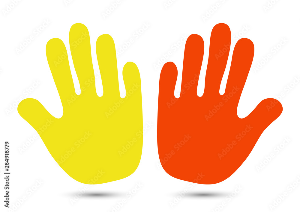 Hand icon. Helping hands silhouette on a white background. Warning gesture with an open palm label. V Hand icon. Helping hands silhouette on a white background. Warning gesture with an open palm label. V