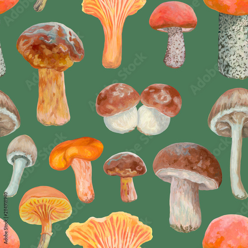 Autumn seamless pattern. Different types of mushrooms on a green background. Colorful botanical wallpaper. Realistic acrylic drawing. Vintage style. Non-poisonous mushrooms