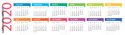 2020 year calendar - vector Illustration. Week starts on Sunday