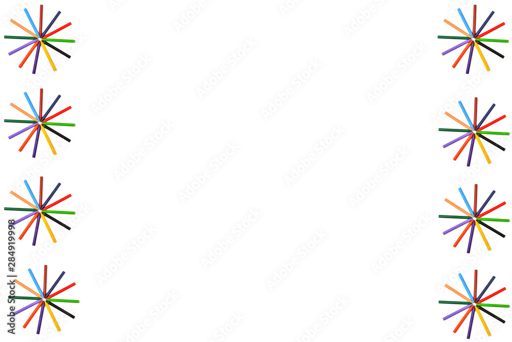 Bunch of colored pencils isolated on white background. Frame with free space for your text.