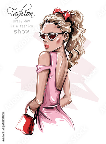 Hand drawn beautiful young woman in sunglasses. Stylish girl with bag. Fashion woman look. Fashion girl with bow on her head. Sketch. Vector illustration.