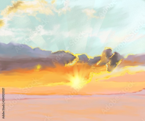 Sunrise illustration with bright sun and clouds in blue, orange, yellow and rose colors.