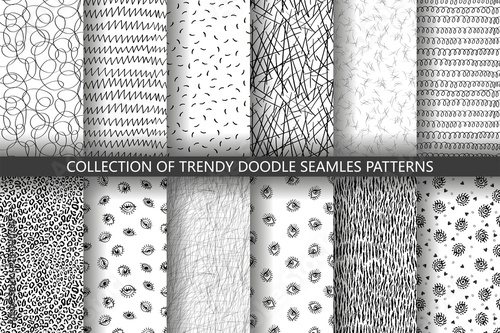 Set of seamless trendy abstract hand-drawn patterns. Vector modern creative backgrounds