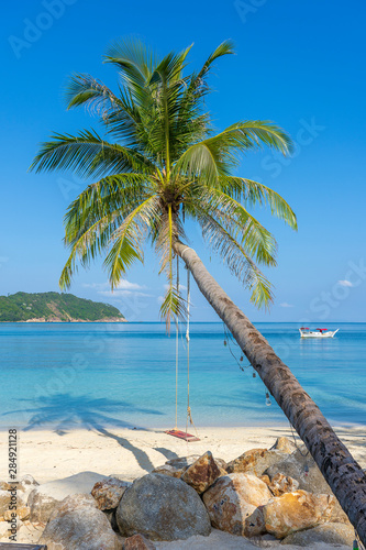 Swing hang from coconut palm tree over sand beach near blue sea water in Thailand. Summer  travel  vacation and holiday concept