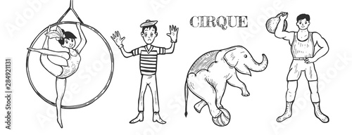 Vintage circus hand drawn characters set