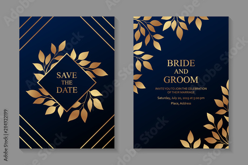 Floral wedding invitation design or greeting card templates with golden branches and leaves on a navy blue background.