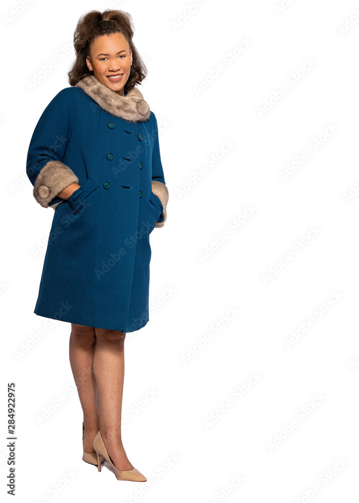 Young black women in blue elegant coat in fashion shoot Young black women in blue elegant coat in fashion shoot