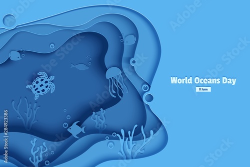 Paper cut butterflyfish, jellyfish, moonfish, turtle. Paper craft underwater ocean cave with fishes, coral reef, seabed in algae, waves. Diving concept, deep blue marine life. Vector sea wildlife