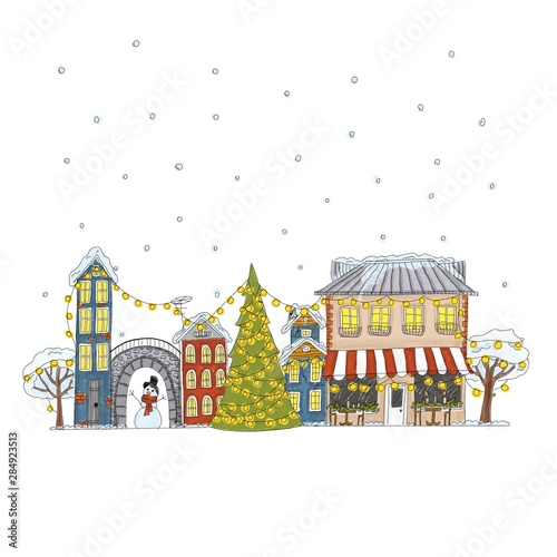 Fototapeta Naklejka Na Ścianę i Meble -  Christmas snowy town illustration cartoon