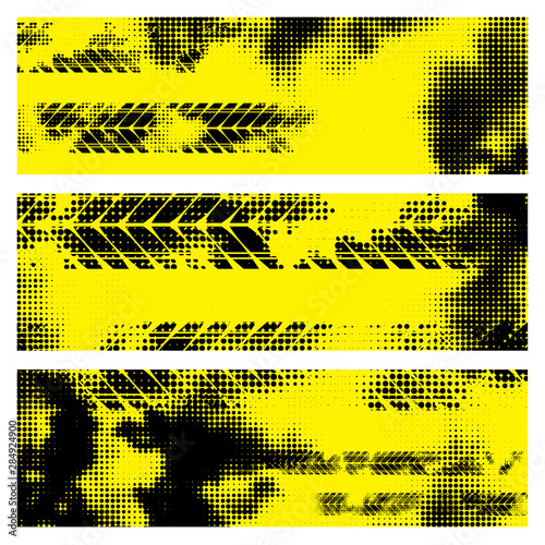 Black halftone tire track silhouettes yellow banners isolated on white background