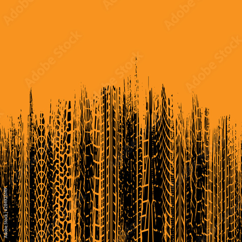 Orange background with black tire tracks grunge silhouettes