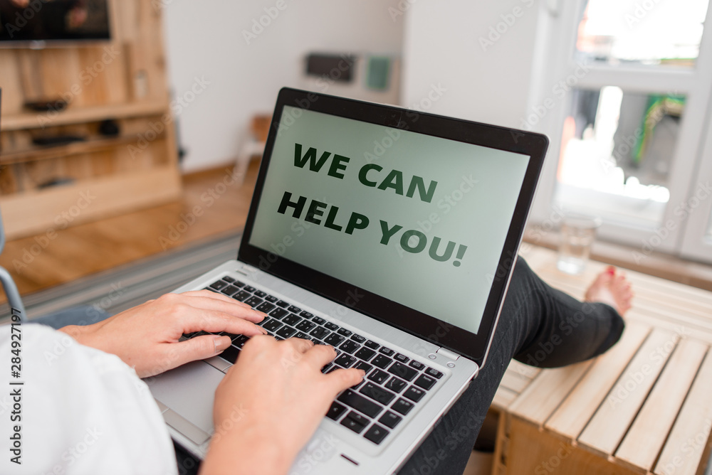 Word writing text We Can Help You. Business photo showcasing offering good assistance to customers or friends woman laptop computer office supplies technological devices inside home Word writing text We Can Help You. Business photo showcasing offering good assistance to customers or friends woman laptop computer office supplies technological devices inside home