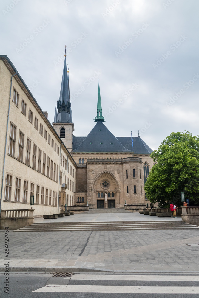 Cathedral of Our Lady in Luxembourg city at cloudy day.