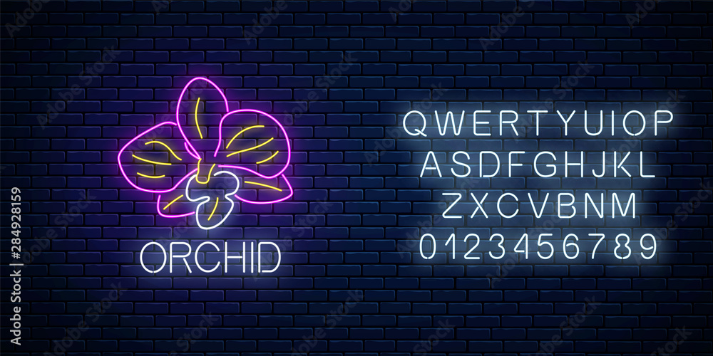Glowing neon orchid flower sign with alphabet. Floral symbol with orchid in  neon style. Vector illustration. Stock Vector