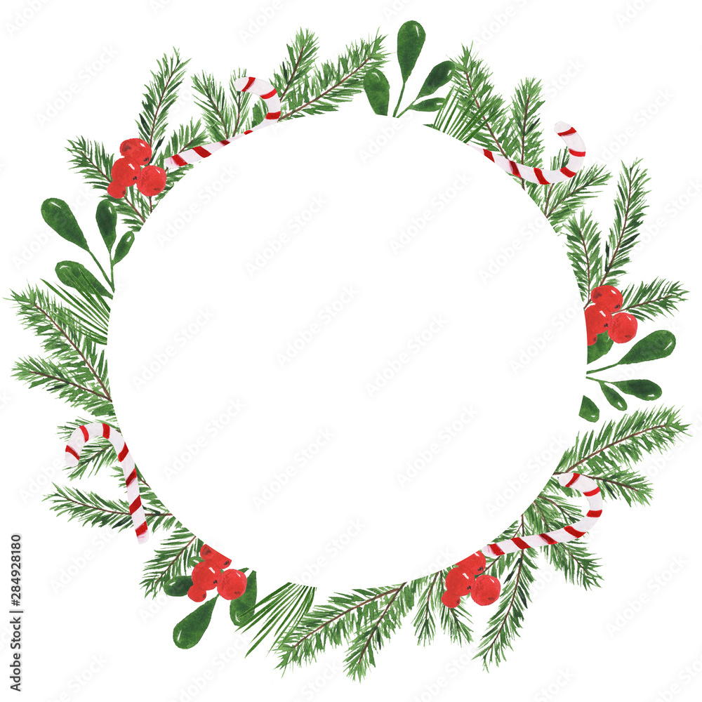 Hand drawn watercolor illustration. Round frame beautiful wreath with leaves, berries, pine branches. Design for wedding invitations, greeting cards, save the date invitation, prints, postcards. Hand drawn watercolor illustration. Round frame beautiful wreath with leaves, berries, pine branches. Design for wedding invitations, greeting cards, save the date invitation, prints, postcards.