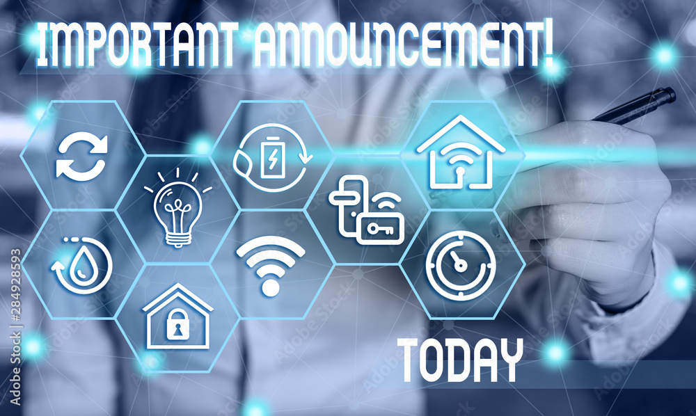 Text sign showing Important Announcement. Business photo showcasing spoken statement that tells showing about something Female human wear formal work suit presenting presentation use smart device Text sign showing Important Announcement. Business photo showcasing spoken statement that tells showing about something Female human wear formal work suit presenting presentation use smart device