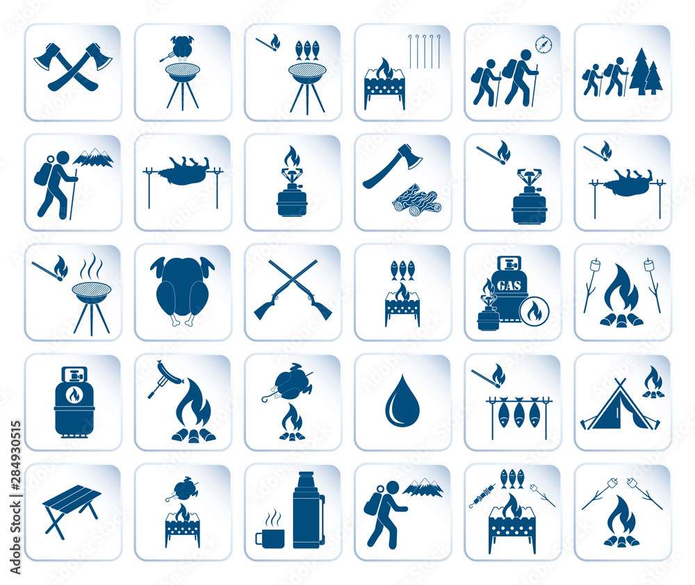 Set of travel and camping equipment icons Set of travel and camping equipment icons