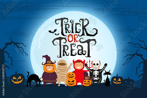 Trick or Treat scary text with kids in Halloween costume on spooky night landscape under moonlight. Vector illustration.
