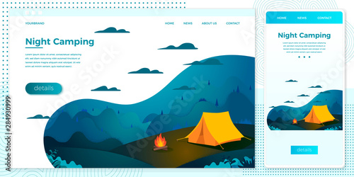 Vector cross platform illustration set - night summer camp, forests, trees and hills on dark background. Browser and mobile phone template with place for your text.