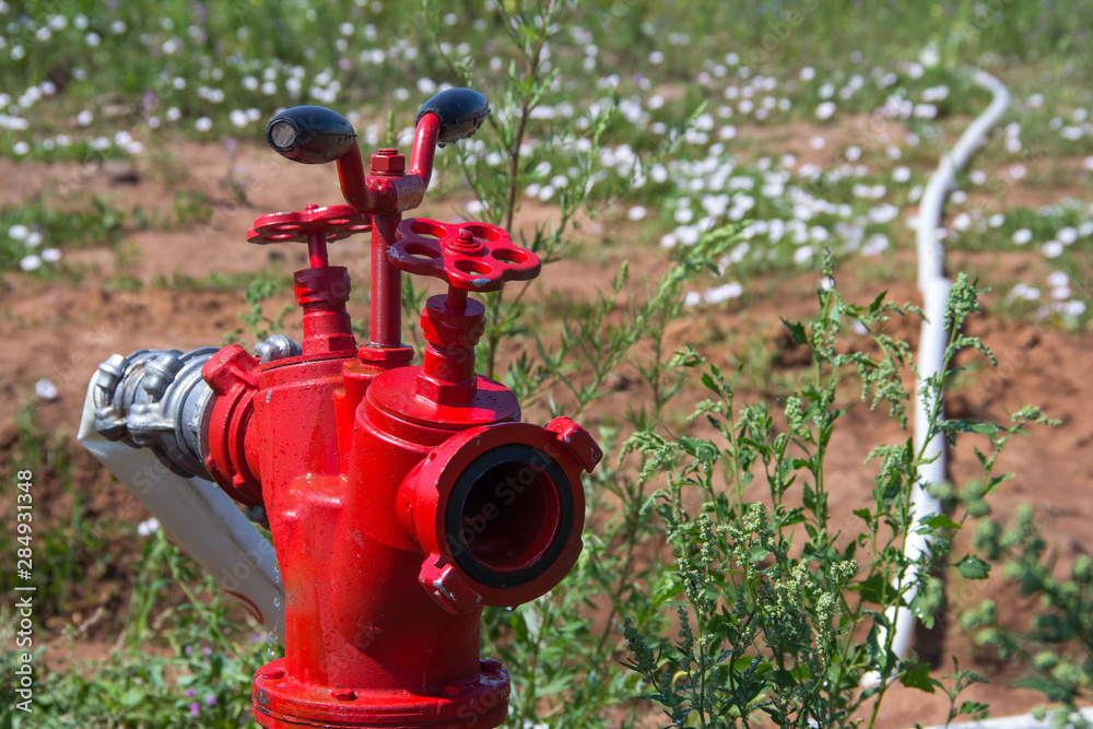 Fire hydrant on a farm on a summer day. Extinguishing media on the farm.