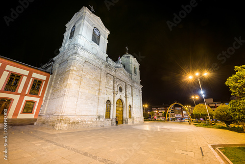 Night view of the Huancayo cathedral in Peru. photo