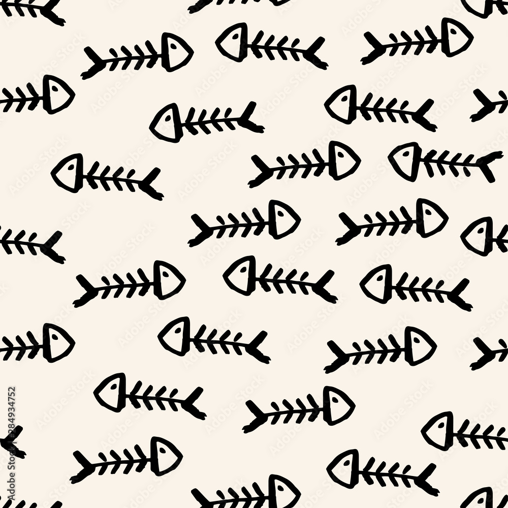 Cat theme hand drawn seamless pattern fish bones on white background. Vector illustration. For print, digital paper, textile, fabric, hand drawn grunge textures Cat theme hand drawn seamless pattern fish bones on white background. Vector illustration. For print, digital paper, textile, fabric, hand drawn grunge textures
