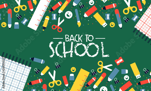 Back to school card cartoon children supplies icon