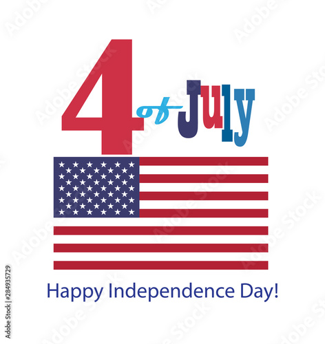 4th of July Greeting card. Firework Happy Independence day party holiday festive symbols fireworks isolated set symbols american flag color red blue white background, vector icon star burst flat