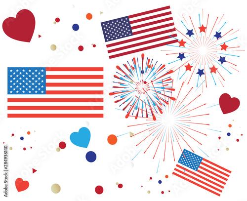 Firework Happy Independence day party holiday festive symbols fireworks heart isolated set symbols american flag color red blue white background, vector icon star burst flat simple template pattern