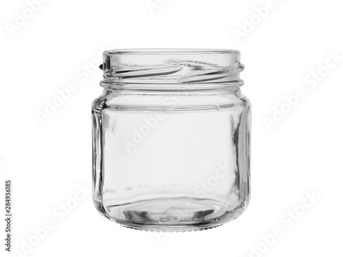An empty glass can for canned food or jam without a lid. Isolated on a white background