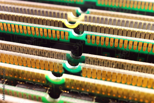 Computer memory modules. Gold plated connectors on SIMM and DIMM boards.