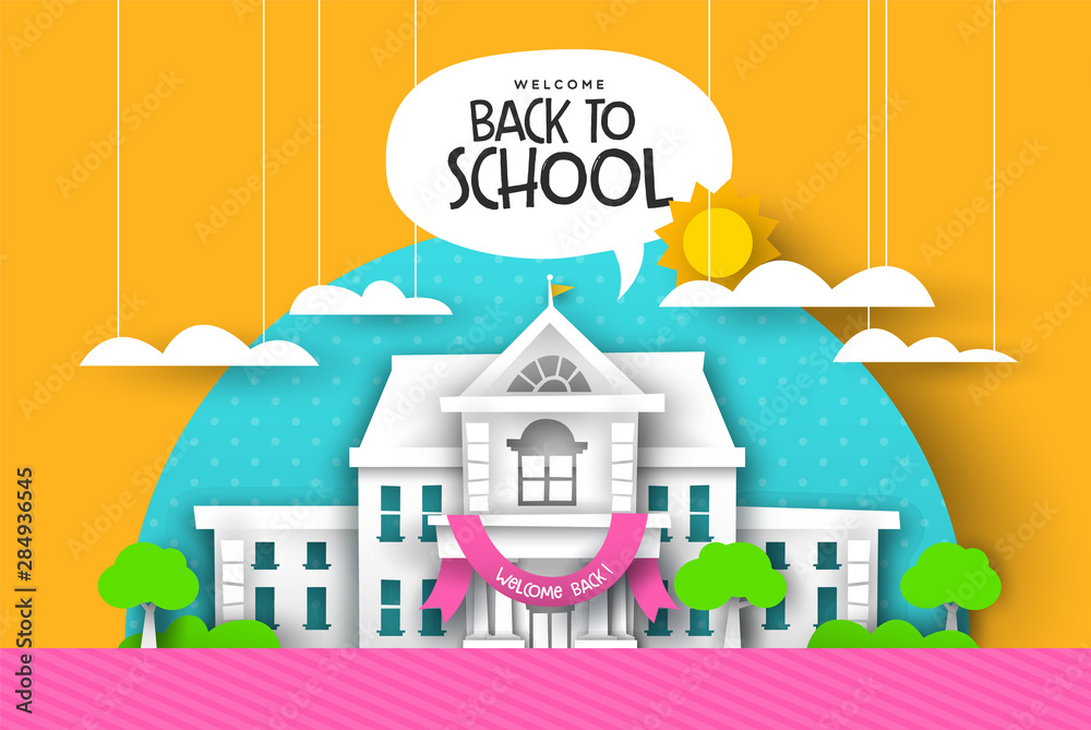Back to school card papercut highschool landscape Back to school card papercut highschool landscape