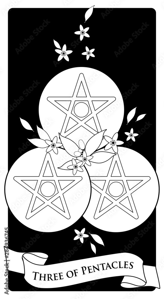 Fototapeta premium Three of pentacles. Tarot cards. Three golden pentacles surrounded by orange blossom flowers