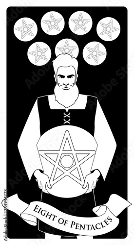 Eight of pentacles. Tarot cards. Craftsman man showing the result of his work, eight freshly chiselled golden pentacles