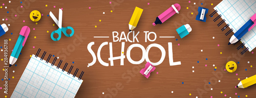Back to school 3d papercut kid supplies wood desk