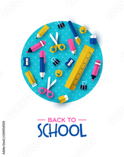 Back to school card papercut child supplies icons