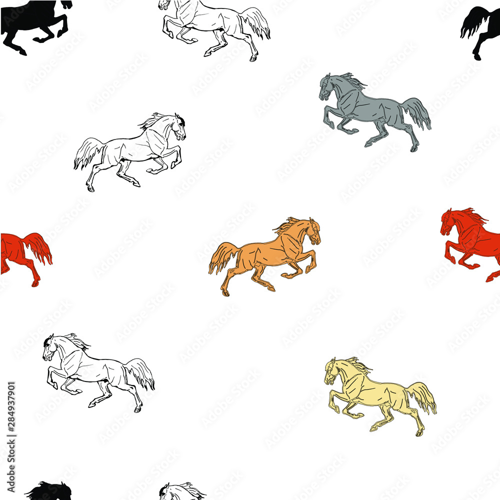 vectorized seamless background of colored shapes and silhouettes of horses, on white background   