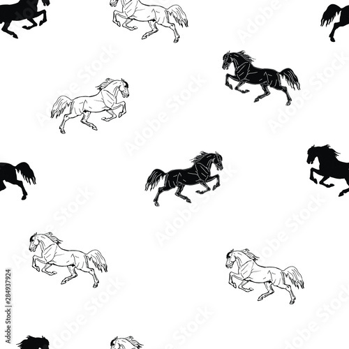 vectorized seamless monochrome background of figures and silhouettes painted with and black galloping horses on white background 
