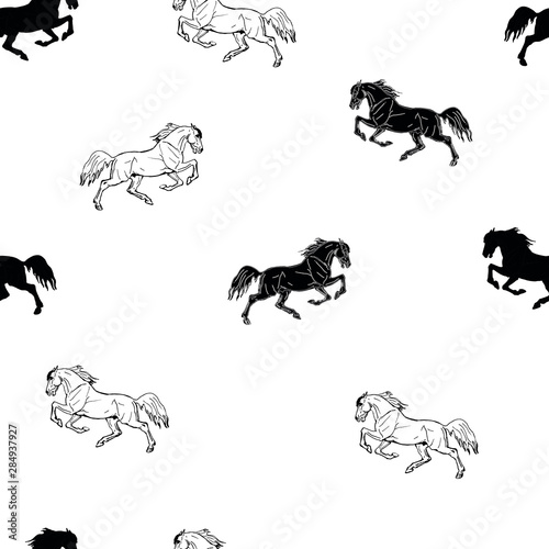 seamless monochrome background of figures and silhouettes painted with and black galloping horses on white background 