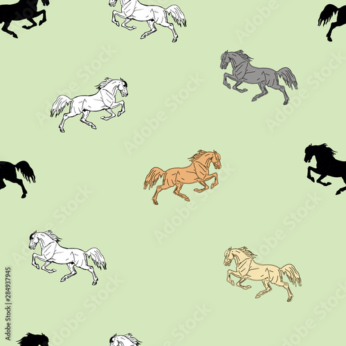  seamless background of colored shapes and silhouettes of horses, on a colored background 