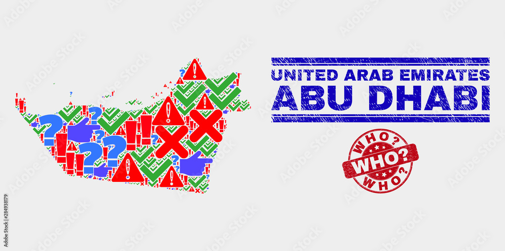 Sign Mosaic Abu Dhabi Emirate map and seal stamps. Red rounded Who? scratched seal. Colored Abu Dhabi Emirate map mosaic of different random icons. Vector abstract combination. Sign Mosaic Abu Dhabi Emirate map and seal stamps. Red rounded Who? scratched seal. Colored Abu Dhabi Emirate map mosaic of different random icons. Vector abstract combination.