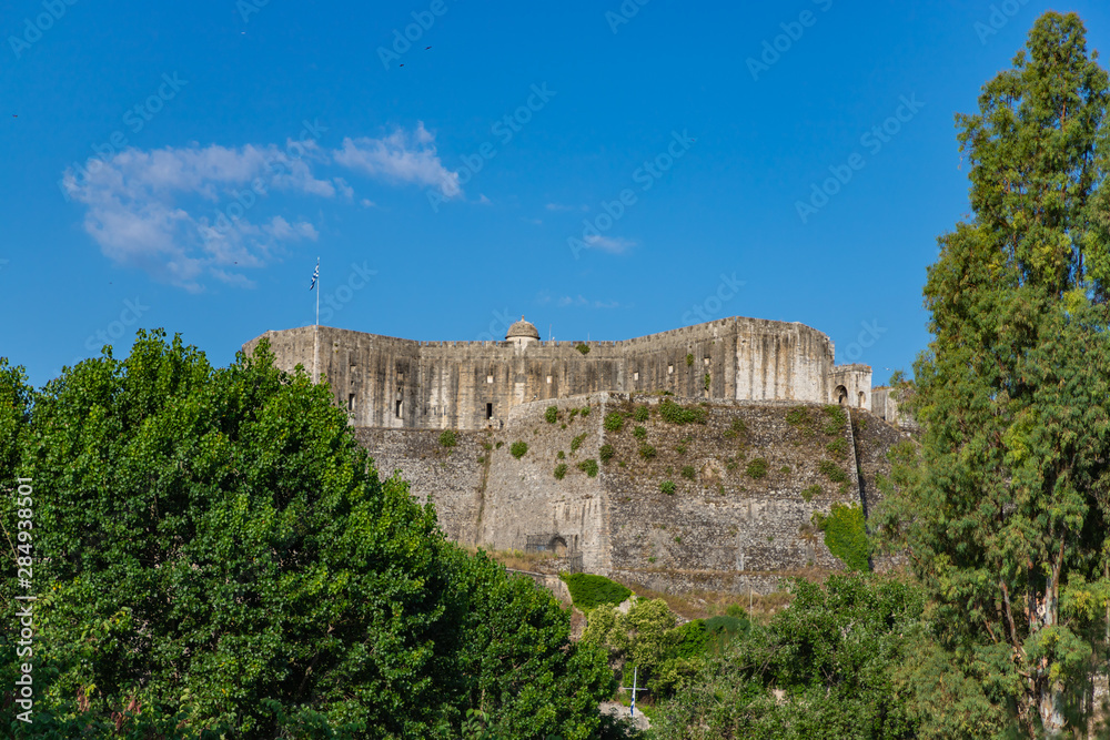 View of the new citadel or Neo Frourio - a huge complex of fortifications dominating the northeastern part of the city of Corfu as seen from the sea.