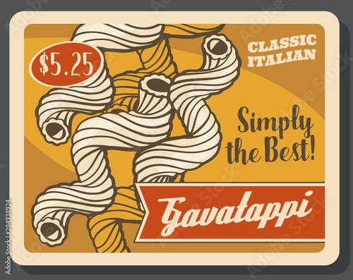 Cavatappi pasta Italian dish menu, dollar price