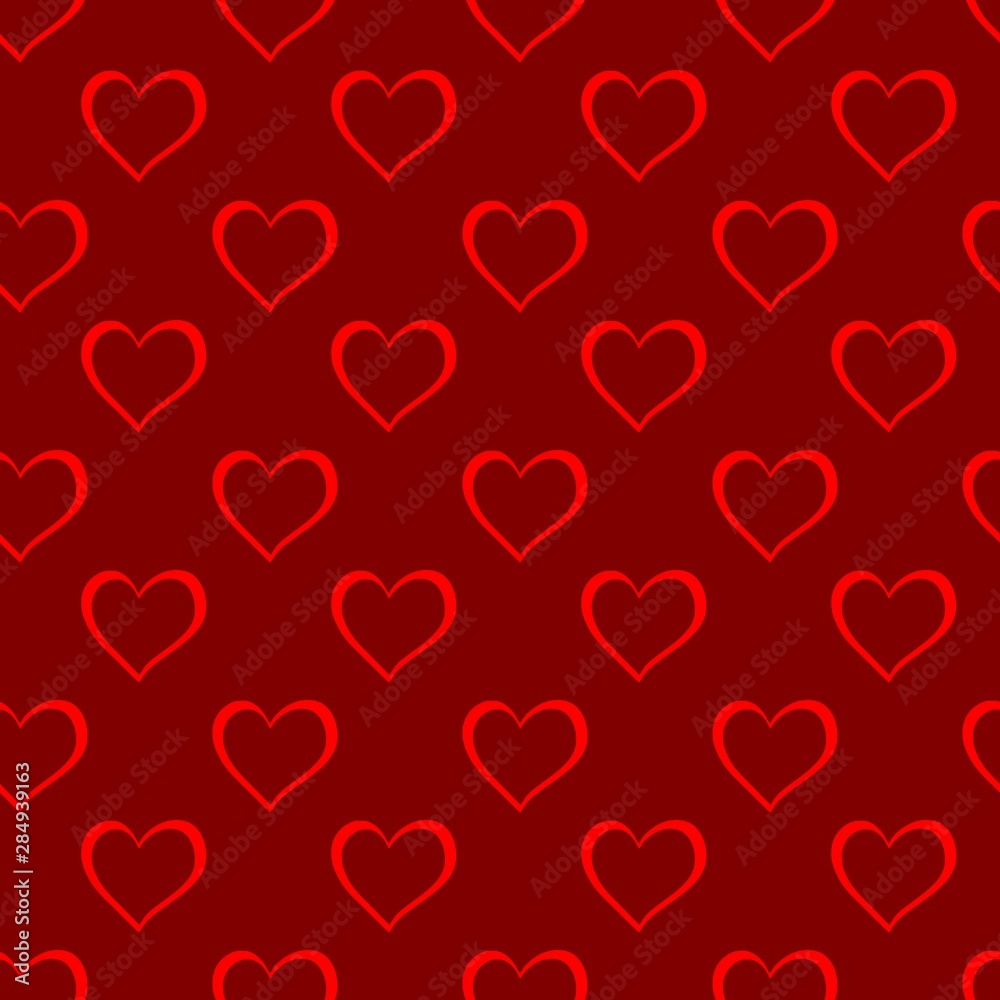 Hearts pattern seamless vector drawing, red color background, shiny hearts