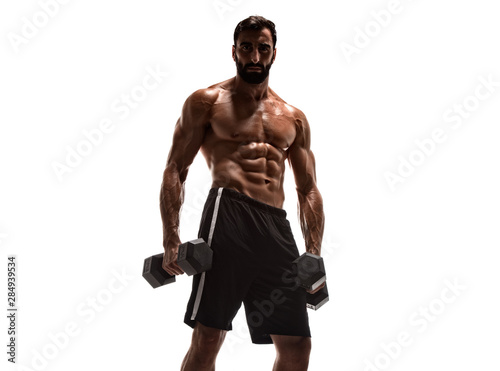 Strong Handsome Muscular Men Lifting Weights , Performing Dumbbell Exercises for Biceps