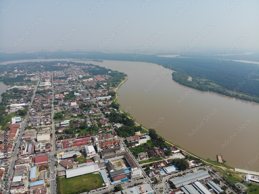 Aerial view of Teluk Intan town in Malaysia. Scenic view of riverside.